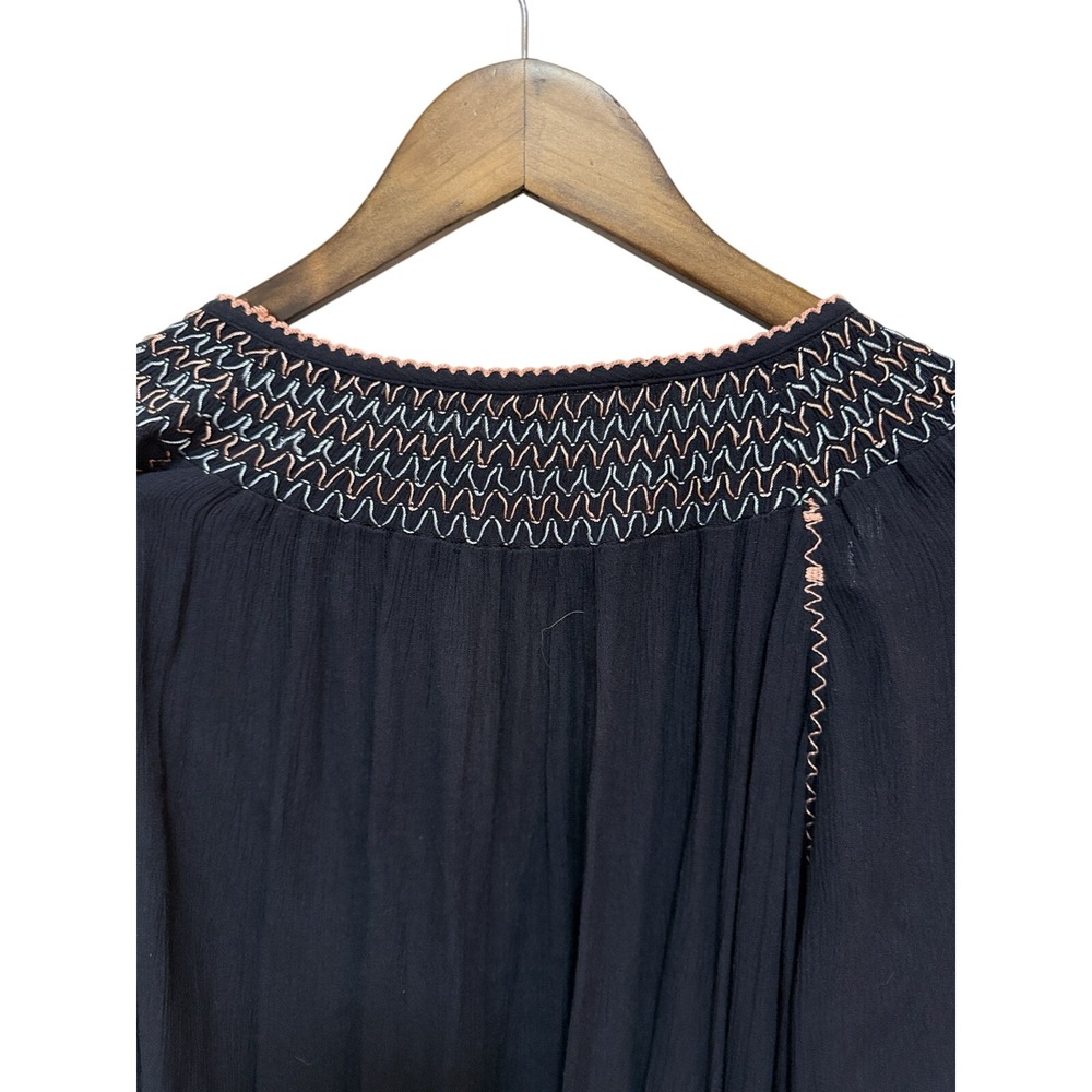 Free People Black Wind Willow Mini Dress BOHO w/Embroidery‎ Peasant Style Sz S - Picture 11 of 14